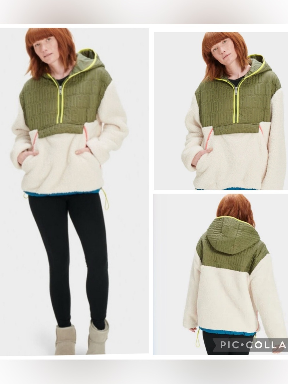 UGG Iggy Sherpa Half Zip Hoodie Olive & Cream Sherpa Pullover Size L